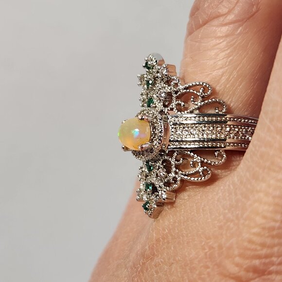 NIB 925 Art Deco Natural Opal & Tsavorite Accent Ornate Scroll Ring Sz 8.5 - Picture 11 of 12